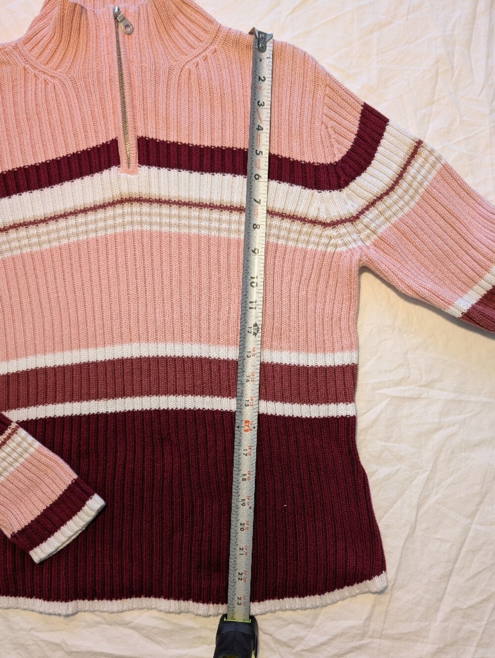 St. John's Bay Ribbed Striped Quarter-Zip Sweater in Pink, Burgundy, and Cream - Picture 5 of 7